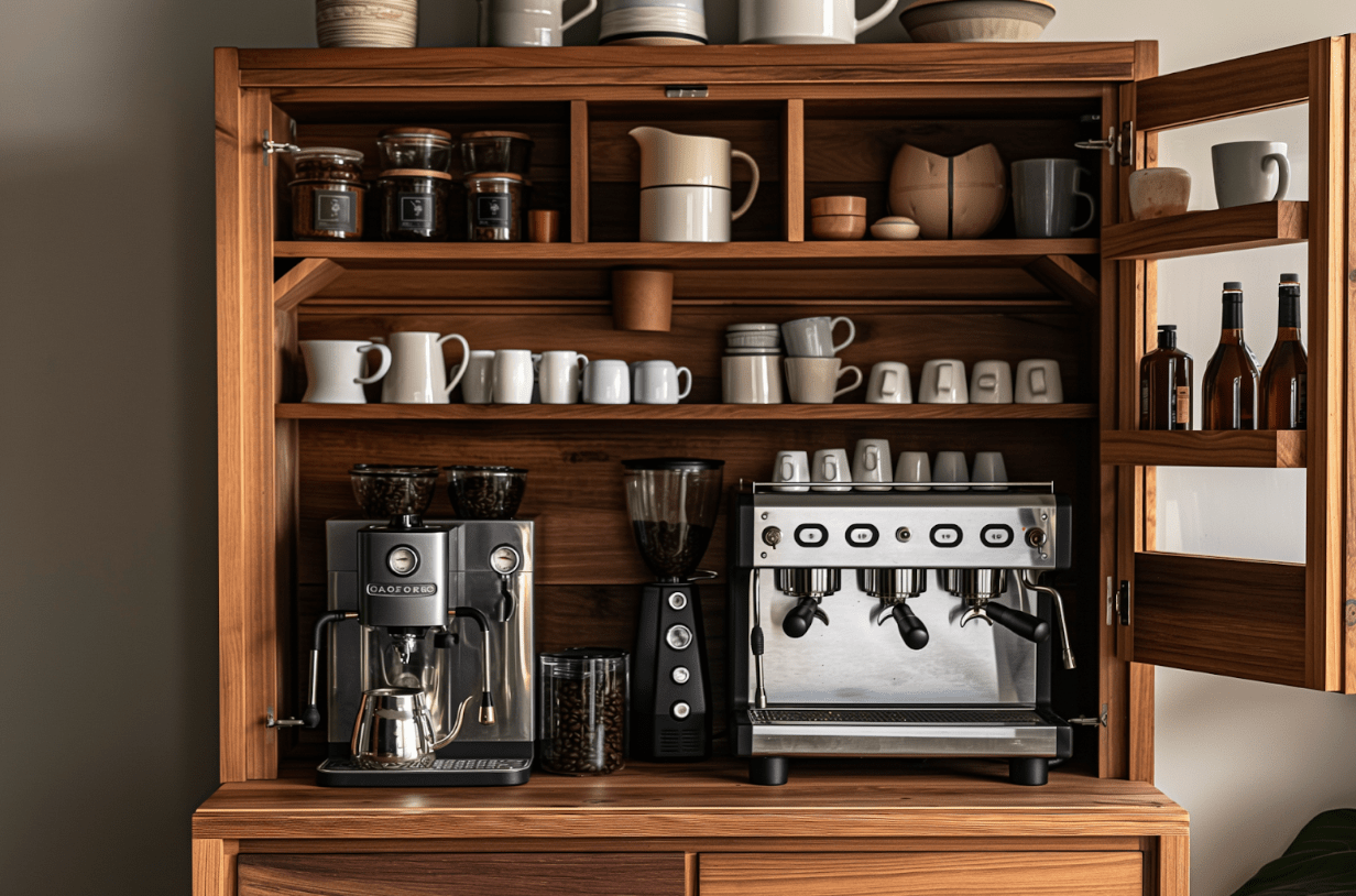 Coffee bar cabinets.
