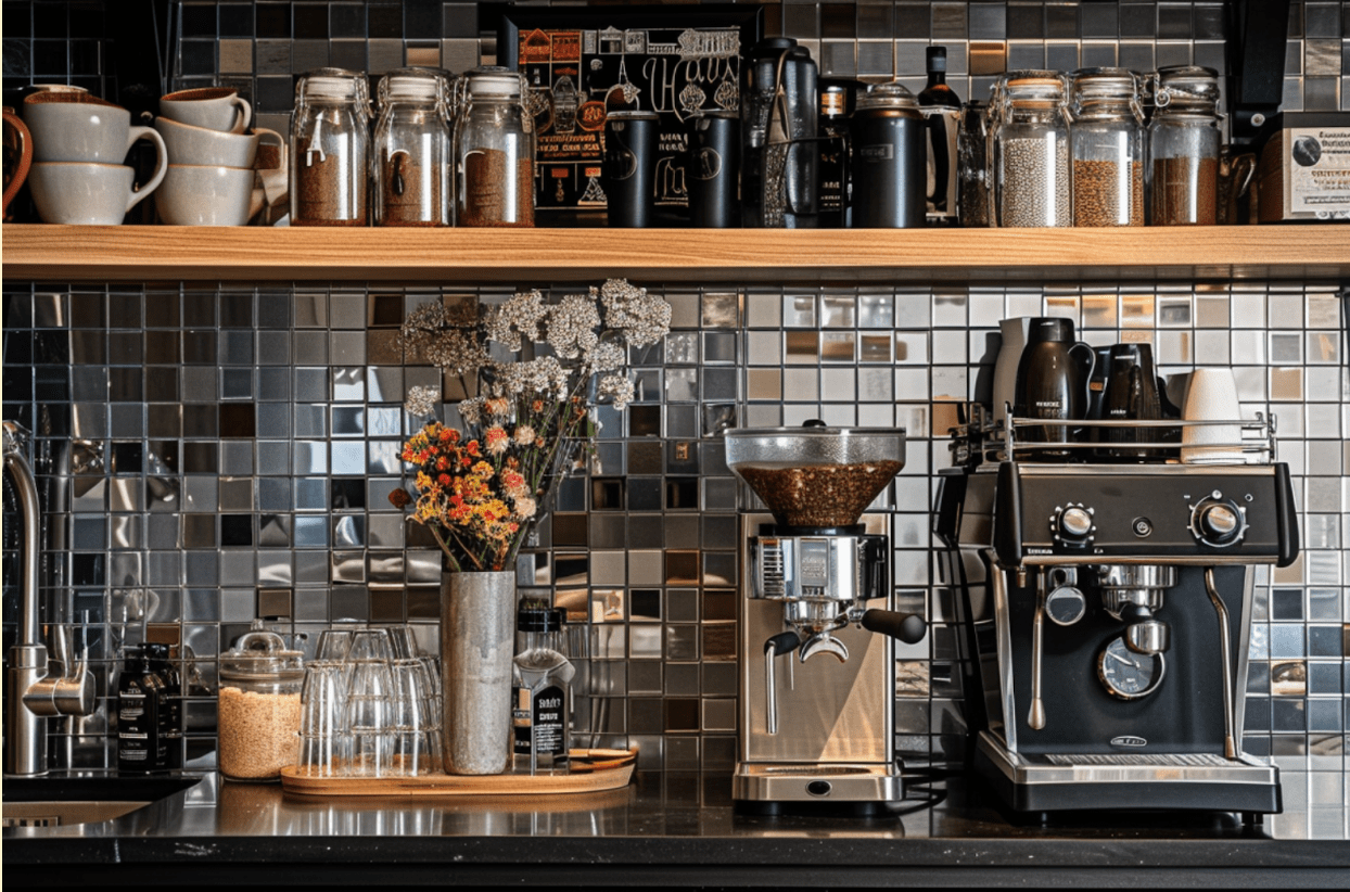 Coffee bar with mirrored backsplash tile.