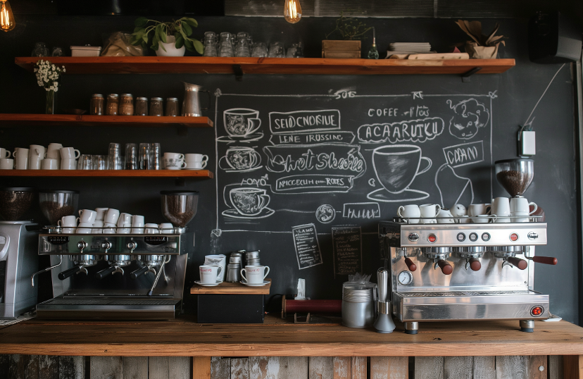 Coffee bar with chalk backsplash.
