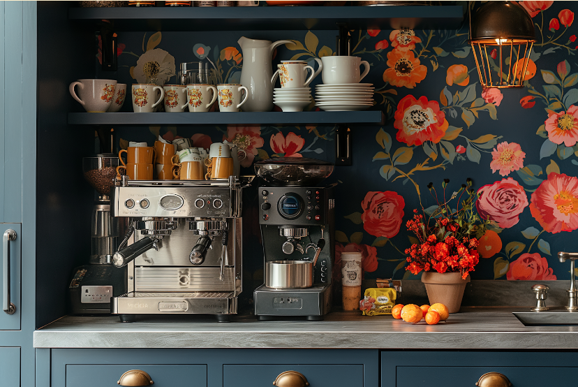 Coffee bar with floral wallpaper.