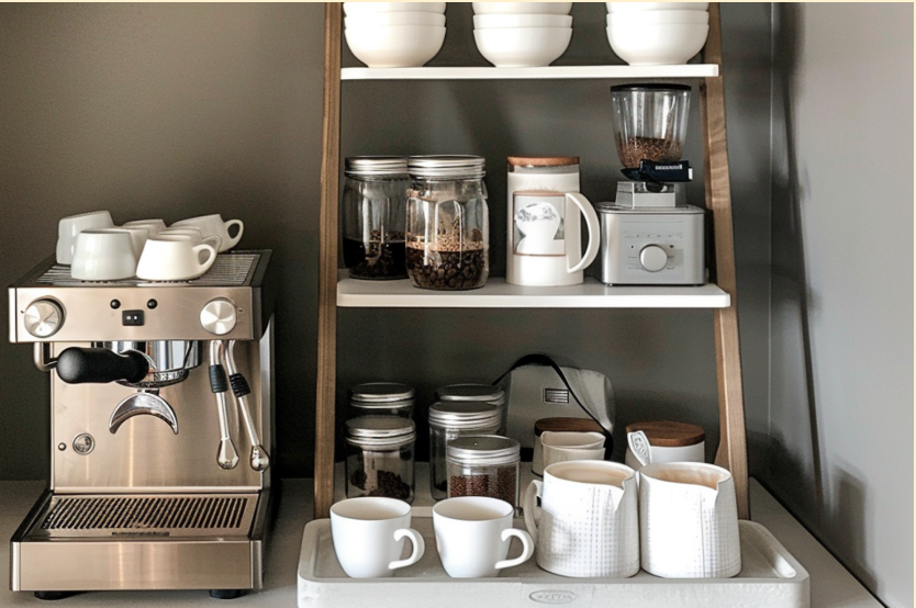 Coffee bar with vertical coffee making accessories.