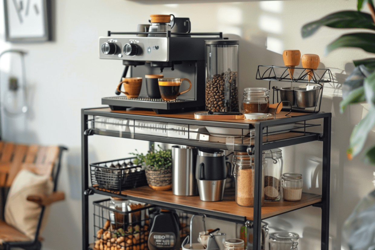 Rolling coffee bar cart.