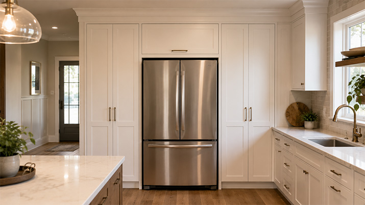 Kitchen with a custom cabinet installed above the refrigerator creating a clean built-in look.