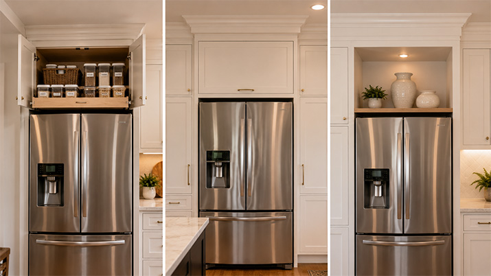 Three different approaches to the space above a refrigerator showing organized storage, a built-in cabinet, and an open display shelf.