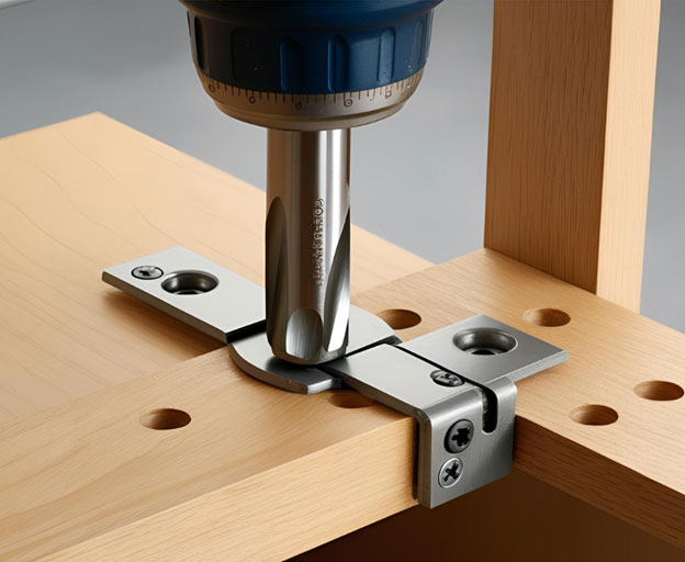 Aligning new soft close hinges on kitchen cabinet door.