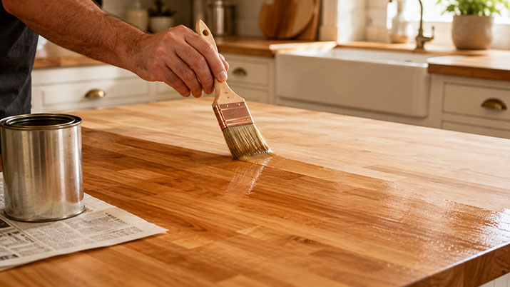 Applying polyurethane sealer to a butcher block countertop with a natural-bristle brush.