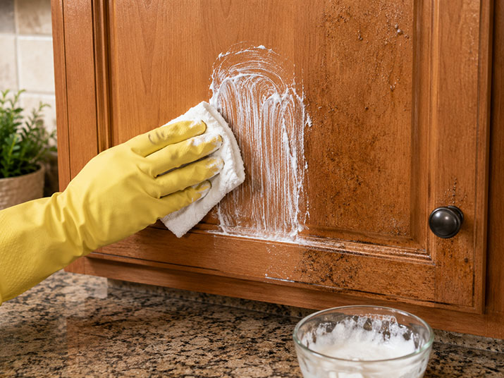 Baking soda paste applied to a greasy kitchen cabinet surface with a soft cloth being used to scrub the spot.