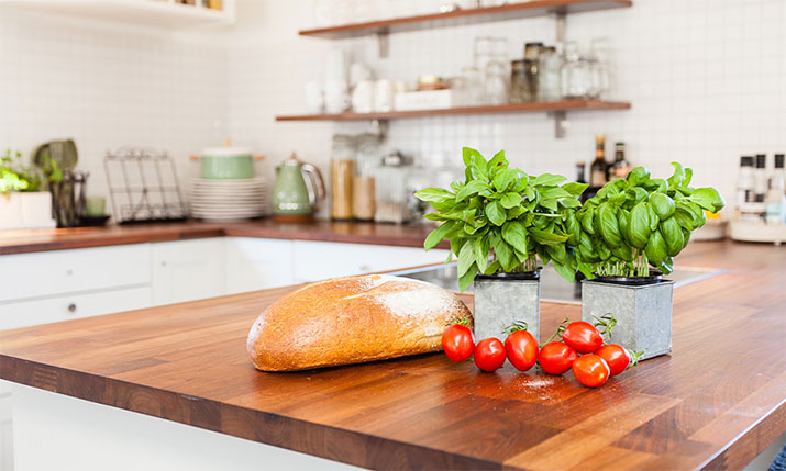 Basil and tomatoes growing in kitchen served alongside bread on the counter.