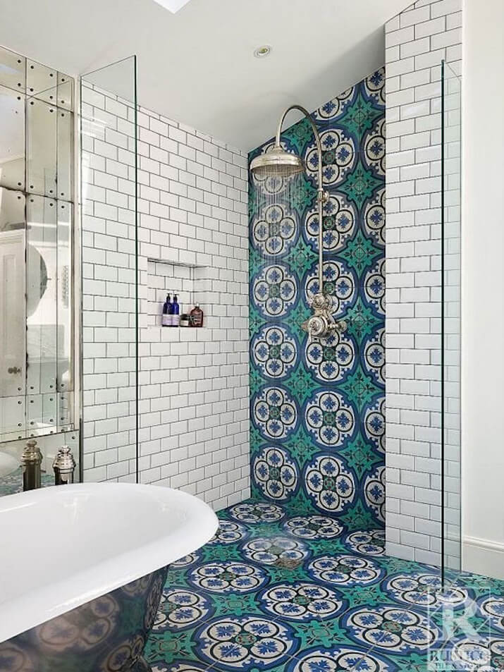 Bathroom shower featuring traditional white subway tile and eclectic green tile.