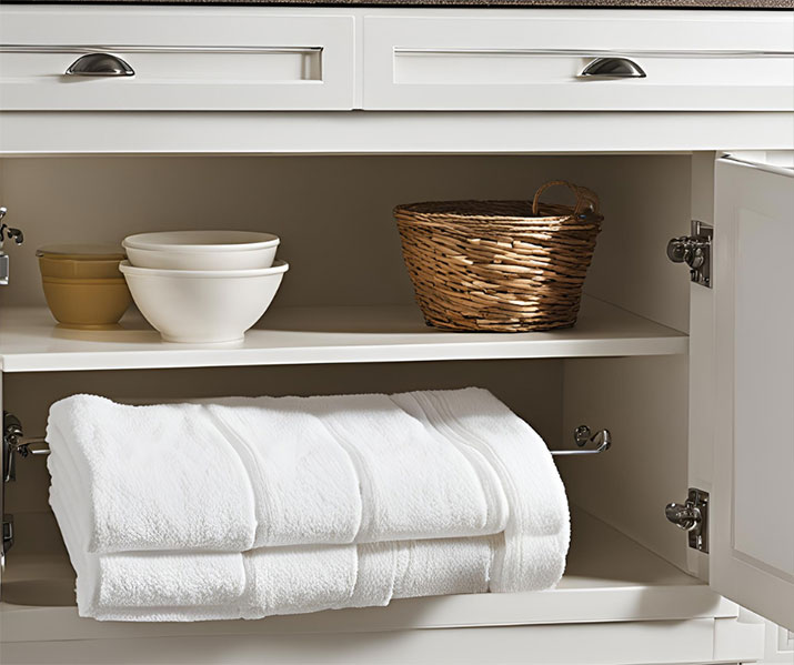 White towels stored beneath bathroom sink.
