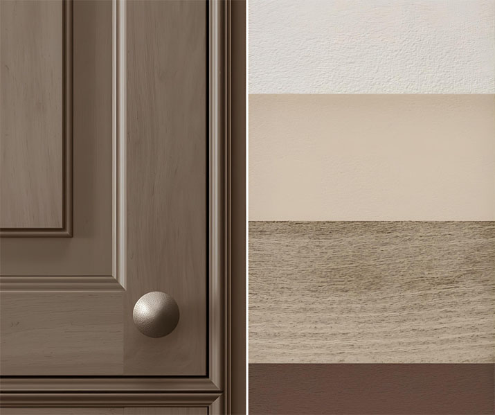 Multiple cabinet door finishes side by side for a comparison.