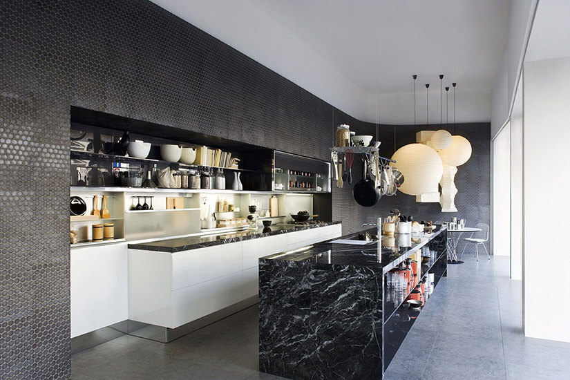 Black marble custom kitchen island with storage