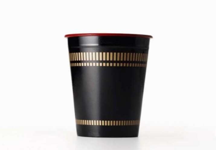Black urushi lacquer Cup of Noodle with gold and red trim.
