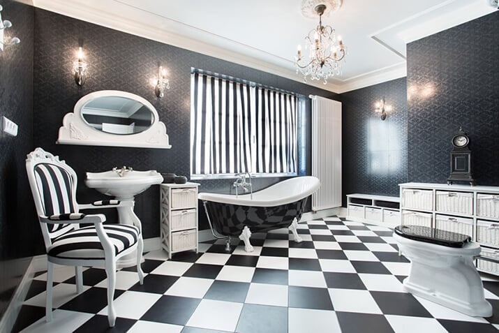13 Inspiring Black White Bathroom, Black And White Striped Floor Tiles