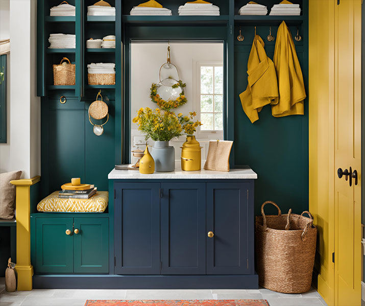 Green and mustard yellow cabinets in mudroom.