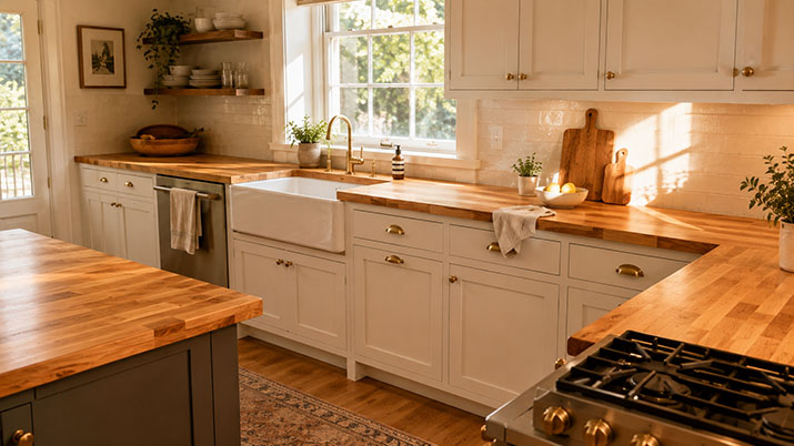 Sealed butcher block countertops in a bright kitchen with white cabinets and brushed brass hardware.