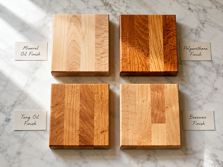 Side-by-side comparison of butcher block wood samples showing mineral oil, polyurethane, tung oil, and wax finishes.