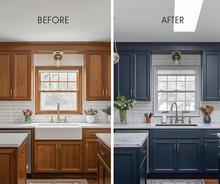 Side by side wood cabinets with modern navy remodel afterward.