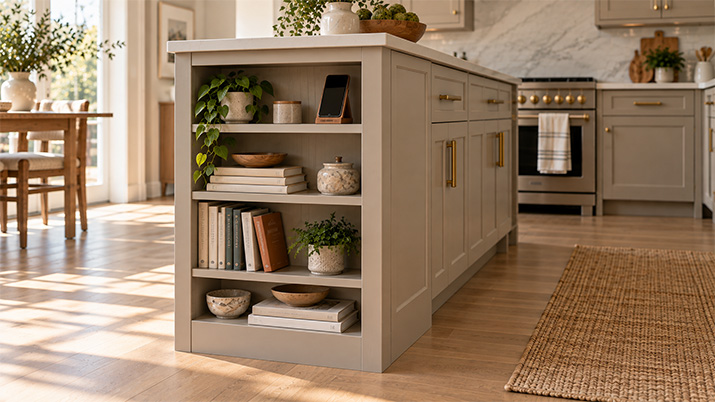Shallow cookbook shelves built into the end of a kitchen cabinet run.