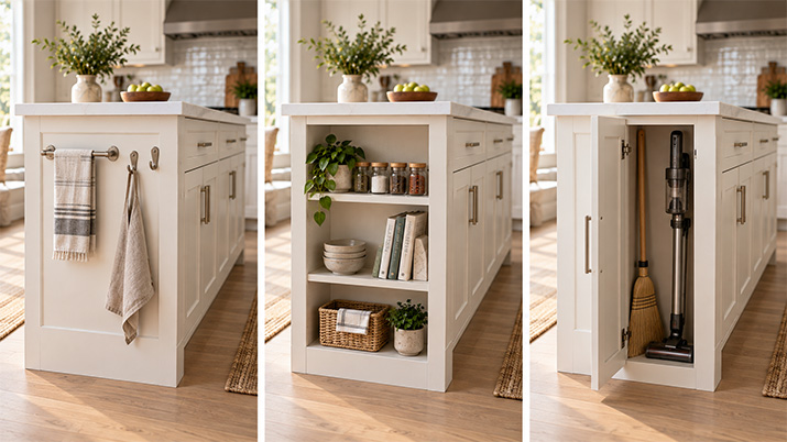 Cabinet end storage shown at shallow, medium, and deep dimensions.