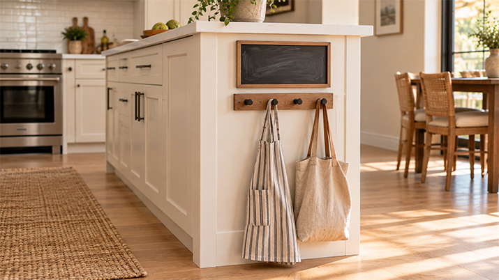 Message center and peg rail mounted on the end of a kitchen cabinet.