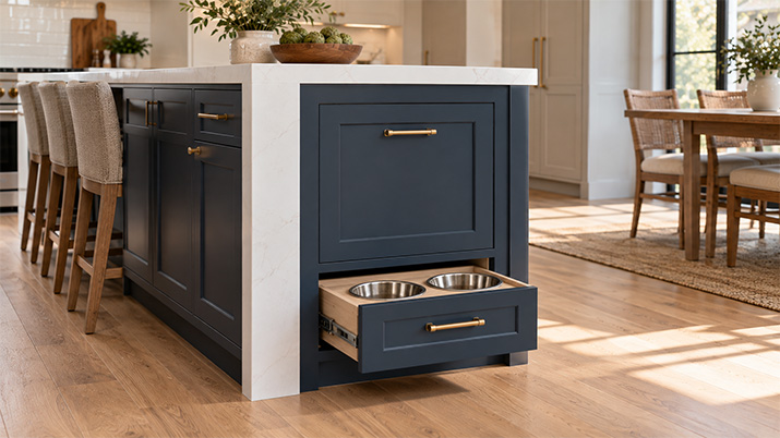 Built-in pet feeding station at the end of a kitchen island.