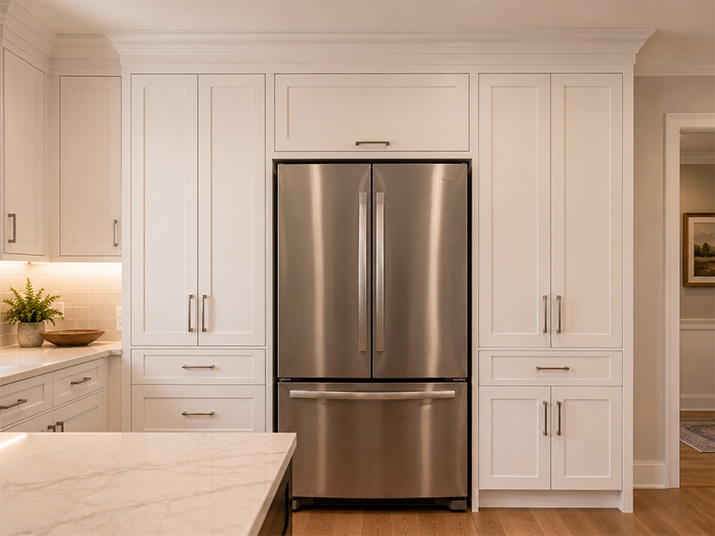 Kitchen with ceiling-height white shaker cabinets extending above the refrigerator with crown molding.