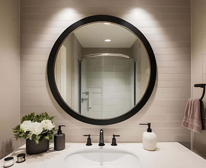 Circular bathroom mirror.