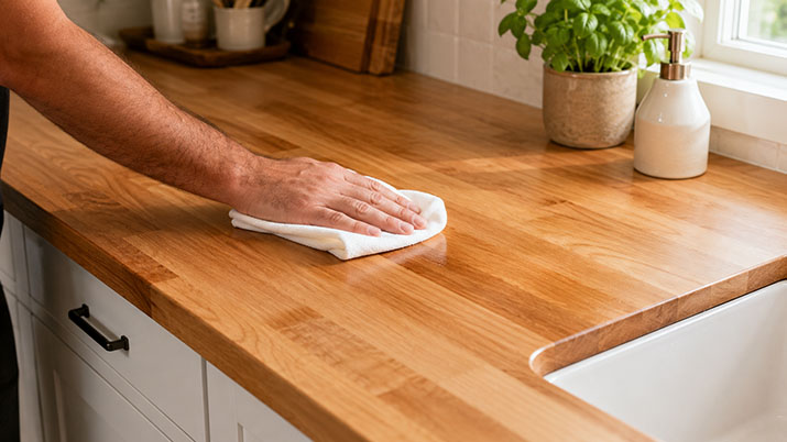 Person wiping down a sealed butcher block countertop with a damp cloth during daily kitchen cleaning.