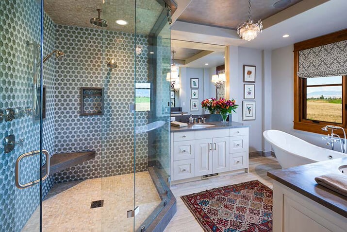 Colorful bathroom with wall-mounted and ceiling-mounted showerheads.