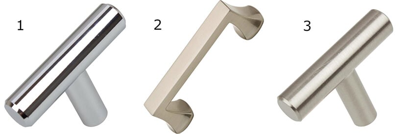 Comparison of chrome, brushed nickel, and stainless steel cabinet pulls.