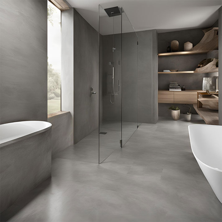 Concrete look shower floor tile.