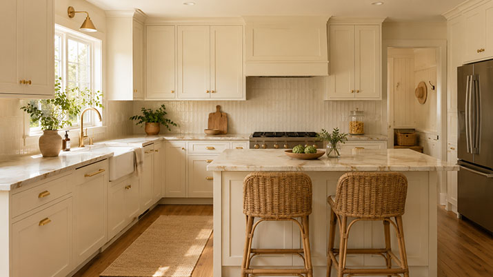 Cream-colored shaker kitchen cabinets with matte gold hardware and warm marble countertops in a bright 2026 kitchen.