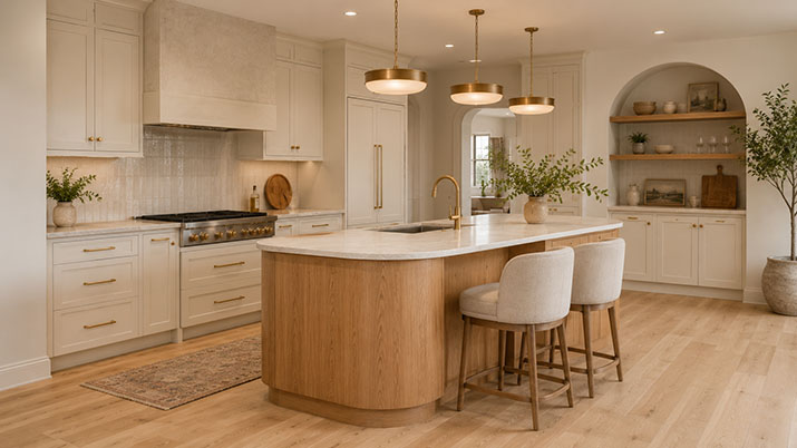 Modern kitchen with a curved wood island, rounded pendant lights, and warm cream cabinets showing the soft edges trend in 2026 kitchen design.