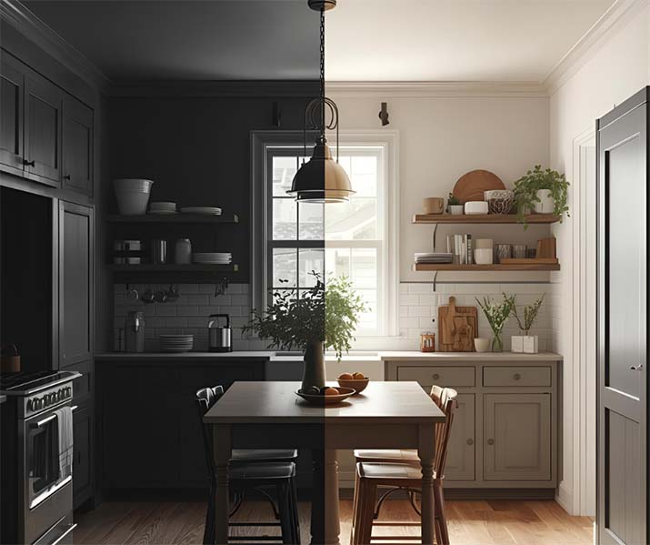 Dark vs. light cabinet colors in a small kitchen comparison.
