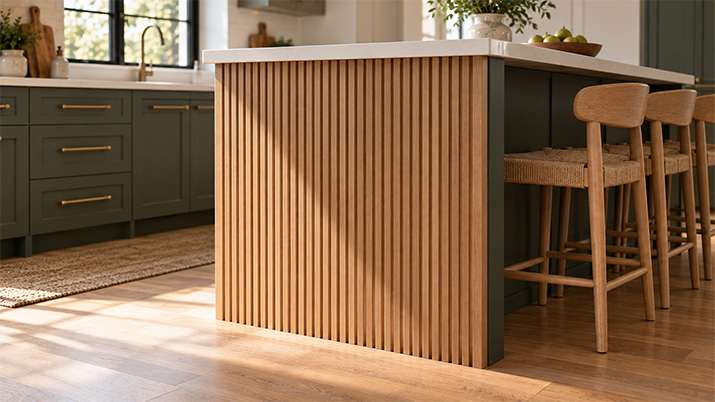 Vertical wood slat detail on a decorative kitchen cabinet end panel.