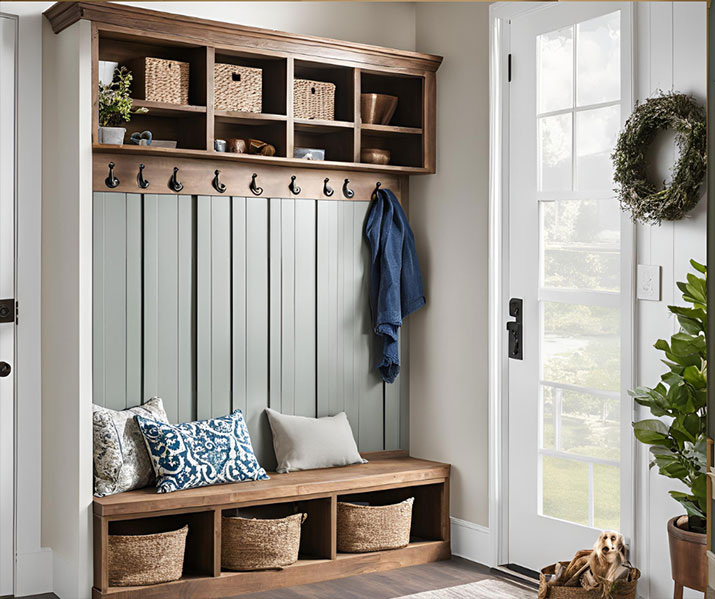 Wood mudroom bench with basket storage beneath.