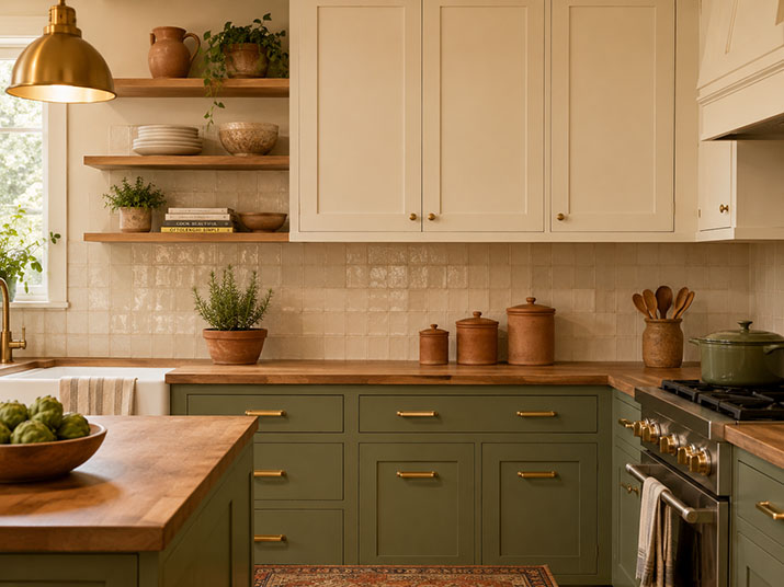 Kitchen with sage green lower cabinets, cream uppers, and terra-cotta accents showing earthy kitchen color trends for 2026.