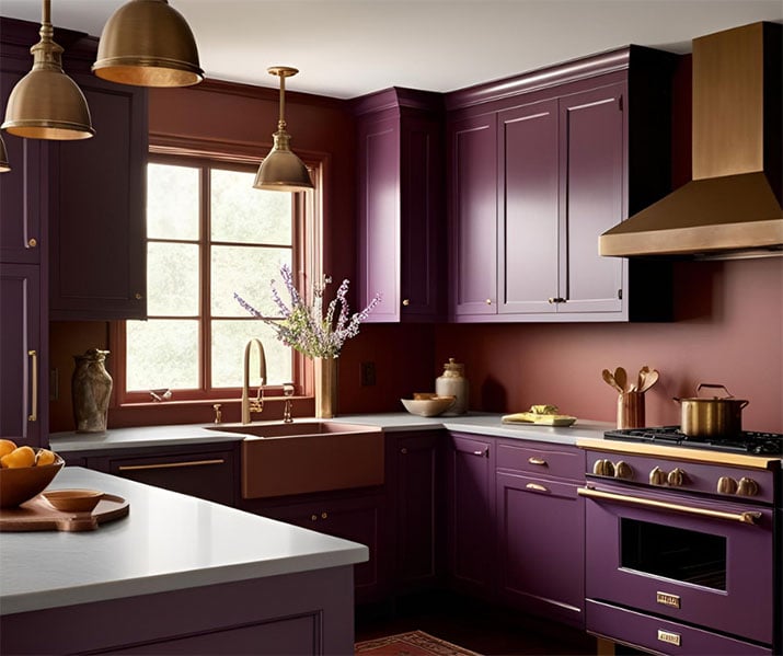Modern violet kitchen with gold accents.