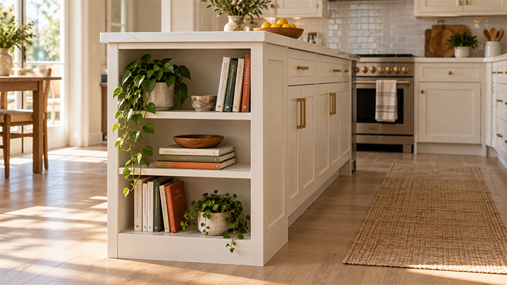 Shallow cookbook shelves built into the end of a kitchen cabinet run.