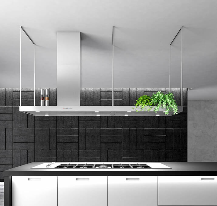 Extended width kitchen hood design with lighting.