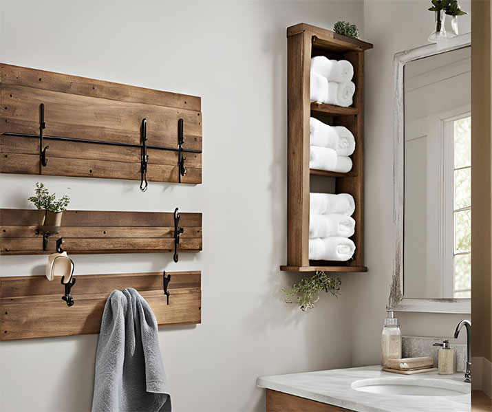 White towels and a farmhouse style towel rack.