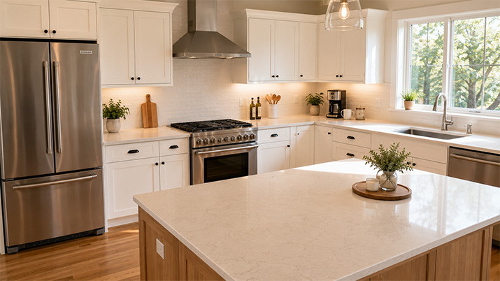 Finished kitchen with a well-organized layout showing clear landing zones beside every major appliance.