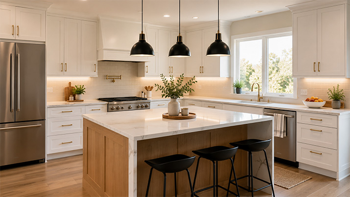 Completed kitchen remodel with white shaker cabinets, warm wood accents, and modern pendant lighting.