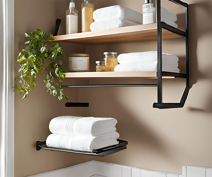 A floating shelf with towels in a beige bathroom.