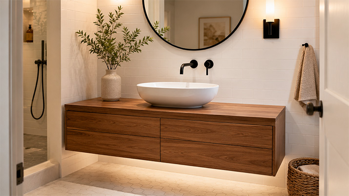 Floating wall-mounted bathroom vanity with a wall-mounted faucet, vessel sink, and clean open space below the cabinet.