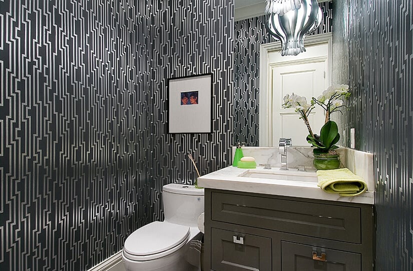 Metallic silver interlocking geometric pattern bathroom wallpaper.