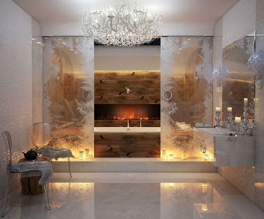 A fireplace next to the tub glows in this glamorous bathroom.
