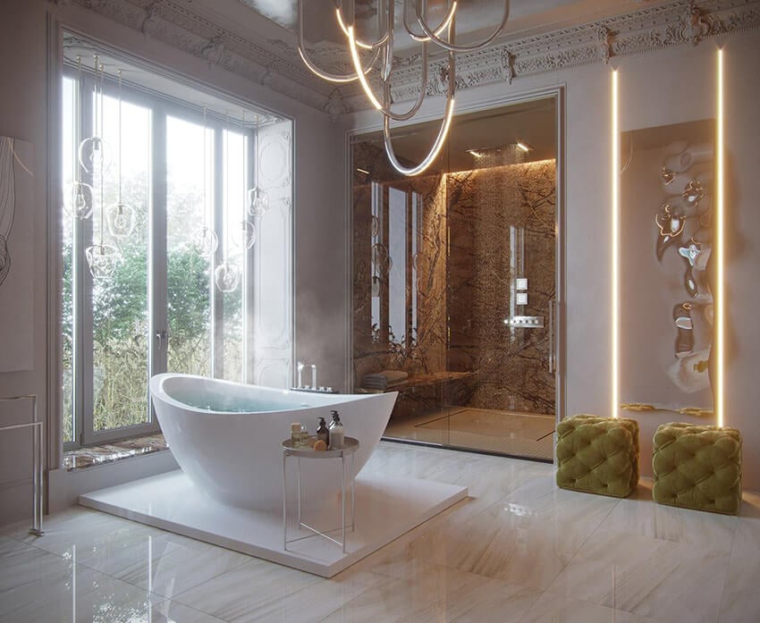 Glamorous bathroom with freestanding tub and accent lighting.