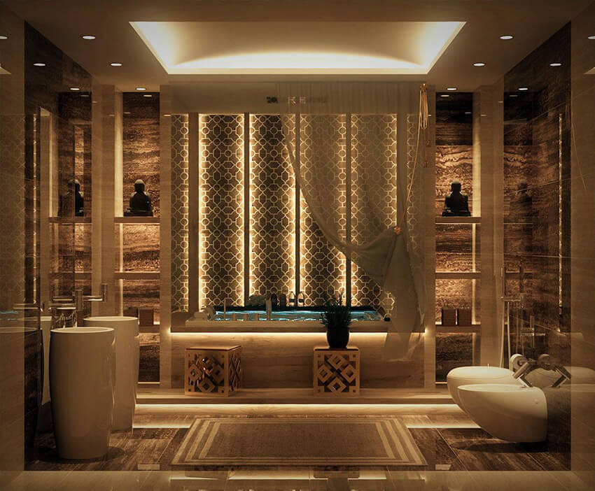 Romantic bathroom with accent lighting and tub behind curtain.